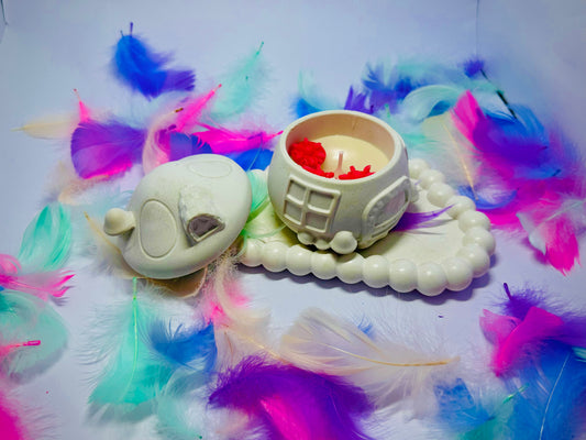 Mushroom House Filled With Scented Candle and Cloud Shaped Trinket Tray